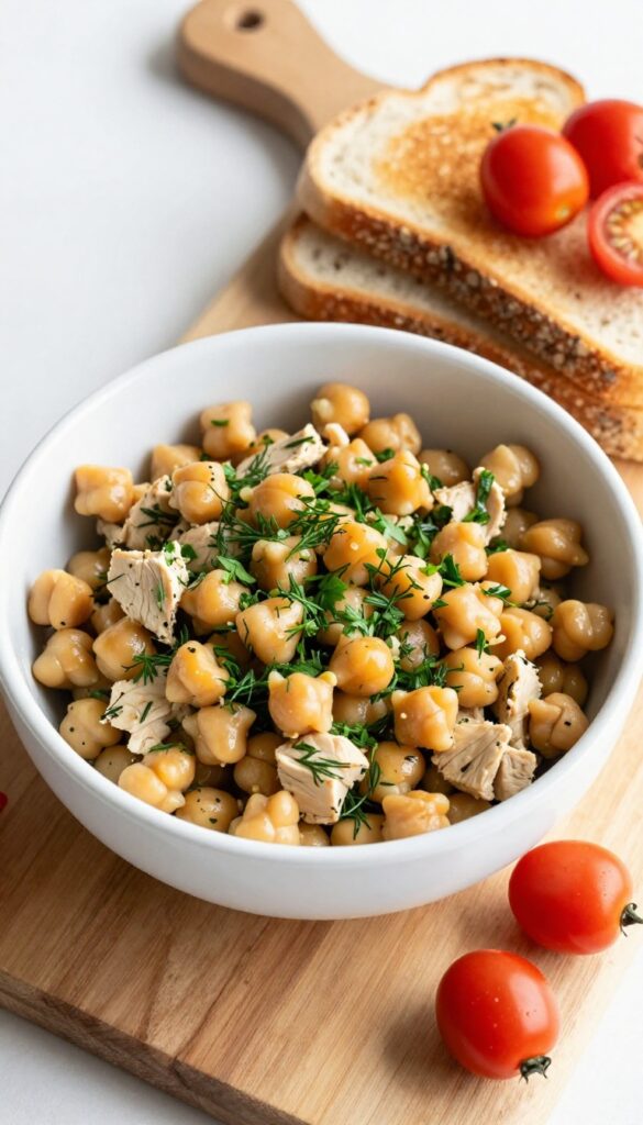 Herbed chickpea and chicken salad in a white bowl with fresh herbs and toast.