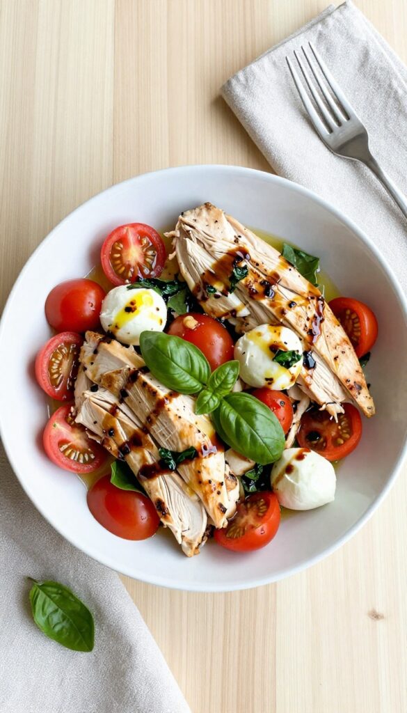 Caprese chicken salad with balsamic glaze in a white bowl