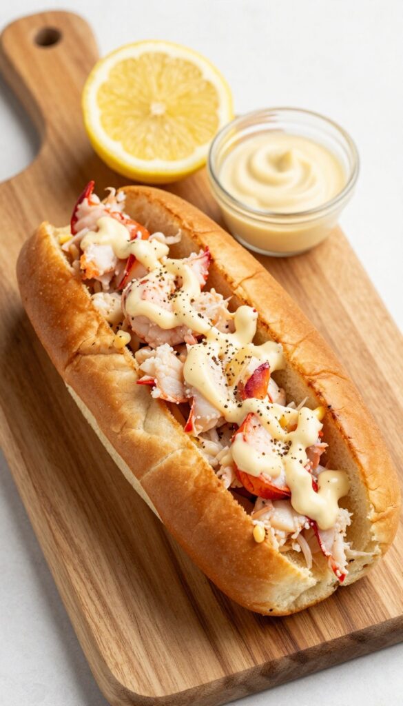 A classic lobster roll on a wooden board with a side of dressing and lemon wedge, wide angle shot.