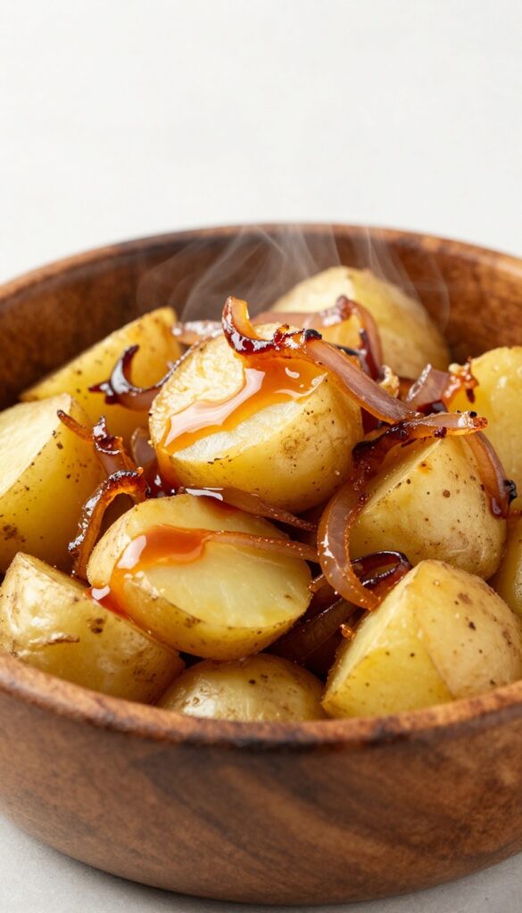 A warm German potato salad with caramelized onions and a vinegar glaze, served in a rustic bowl, showcasing tender potatoes and golden onions in natural light.