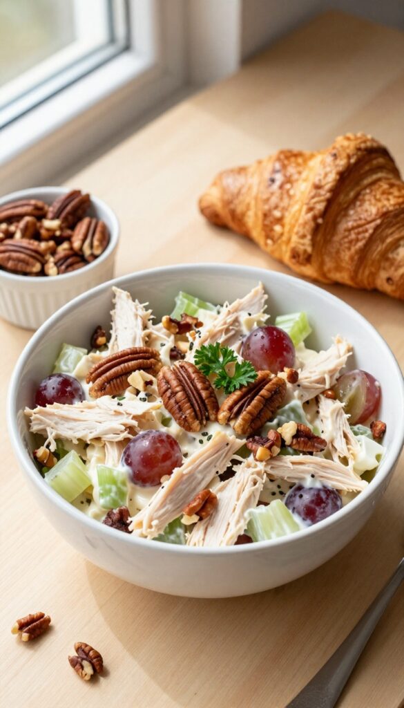 Classic Creamy Chicken Salad with Grapes and Pecans in a white bowl on a wooden table