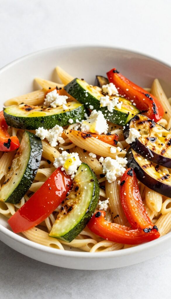 A bowl of Mediterranean roasted vegetable pasta salad with zucchini, bell peppers, eggplant, and feta cheese, drizzled with olive oil, in bright natural light.