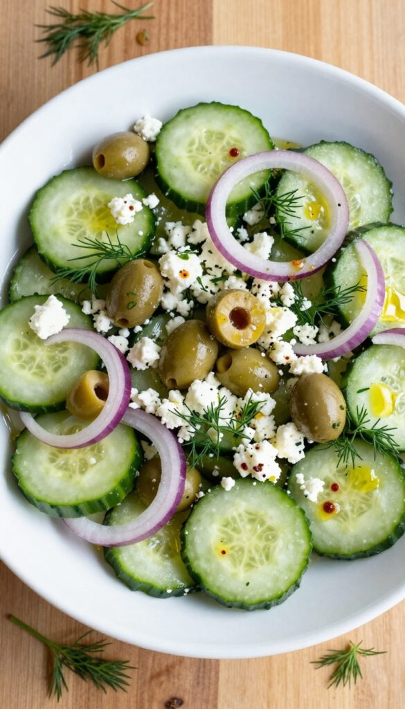 Cucumber dill salad with feta and olives in a white bowl on a wooden table.