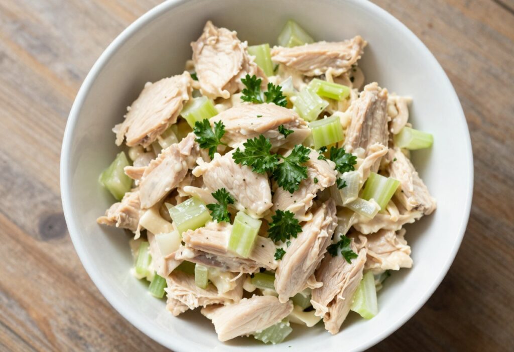 Bowl of creamy chicken salad with celery and parsley garnish on a wooden table.