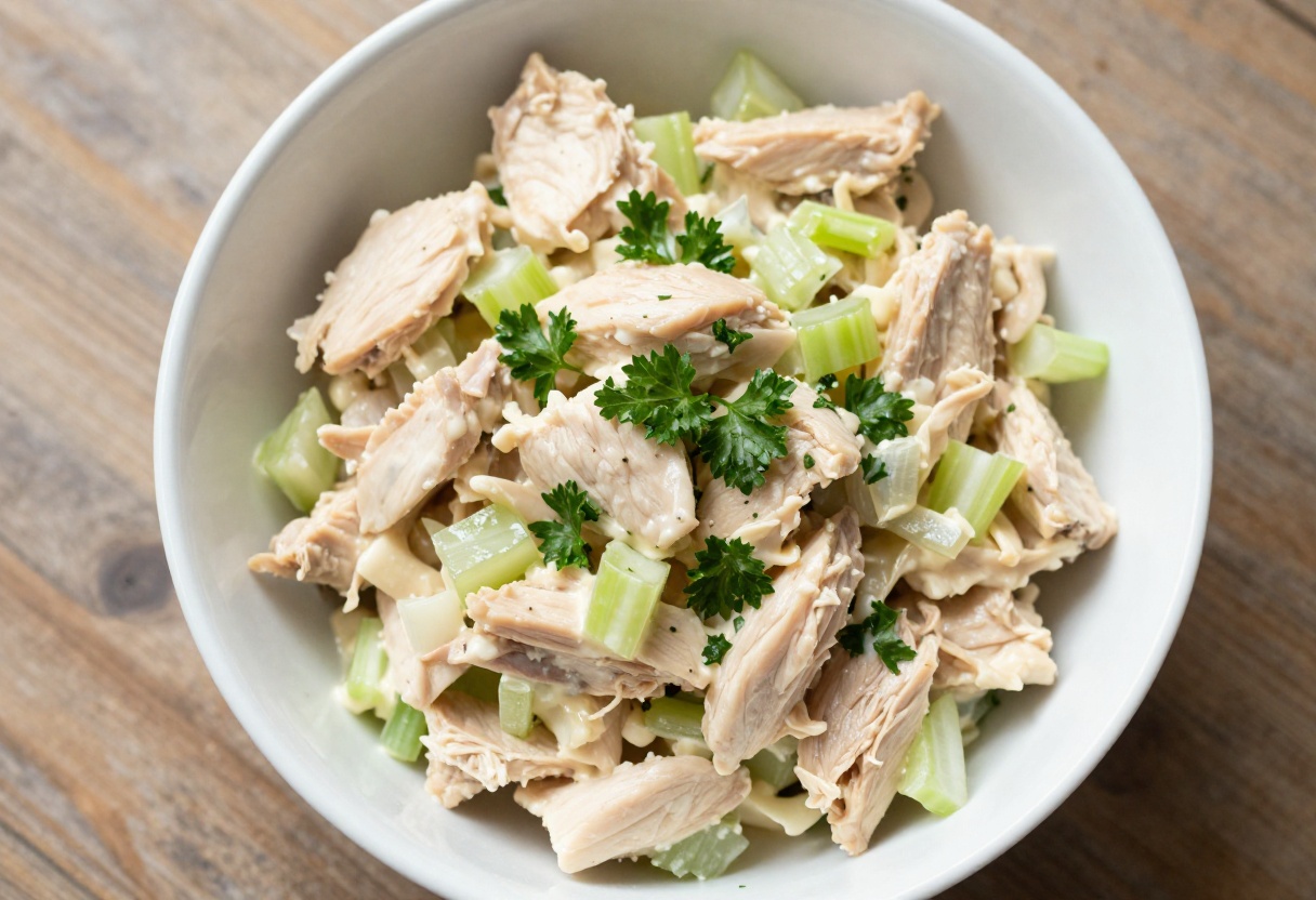 Bowl of creamy chicken salad with celery and parsley garnish on a wooden table.