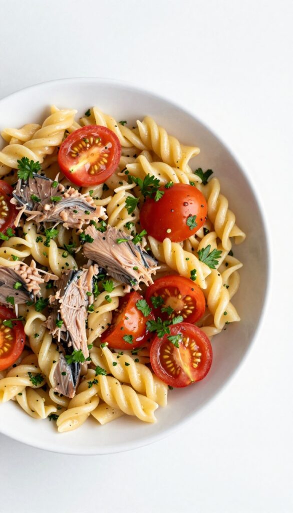 A close-up of a tuna pasta salad without mayo, showing cooked pasta, tuna, cherry tomatoes, and parsley in a light dressing, presented in a clean and appetizing way for a food blog.