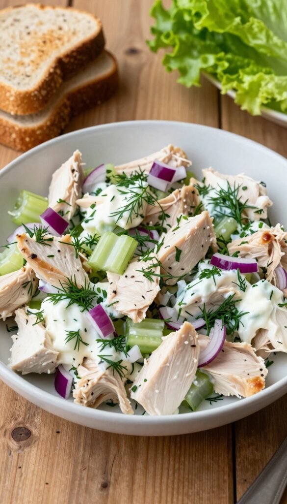 Herby Greek yogurt chicken salad in a bowl with fresh dill and lemon, served with toast and lettuce cups.