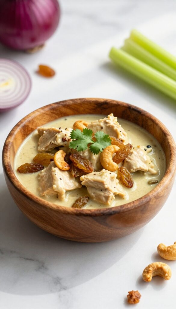 Curry chicken salad with golden raisins and cashews in a wooden bowl