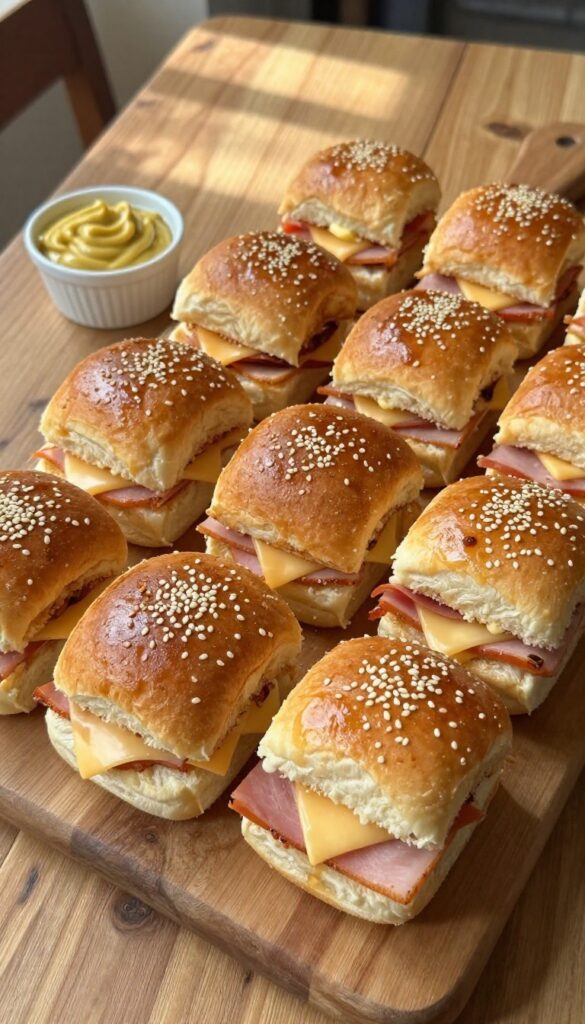 Hot ham and cheese sliders in a baking dish with melted butter topping, served with Dijon mustard.