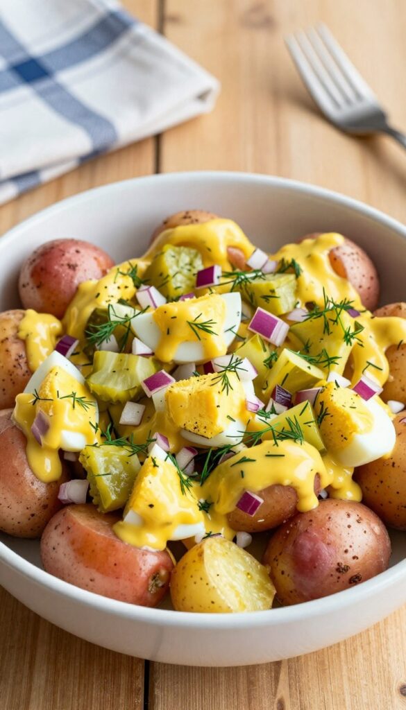 A close-up of tangy mustard potato salad with pickles and eggs in a bowl, showcasing its vibrant ingredients and creamy texture, perfect for a summer cookout.
