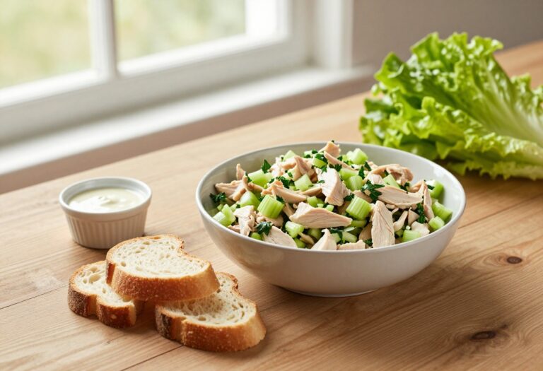 A bowl of chicken salad on a wooden table with bread and lettuce