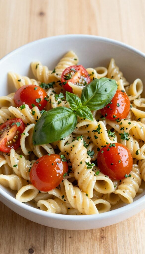 A bowl of simple Italian pasta salad with fresh herbs and cherry tomatoes, drizzled with Italian dressing, presented in bright natural light on a rustic wooden table.