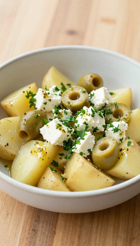 Mediterranean potato salad with olives and feta in a bowl, showcasing vibrant ingredients like potatoes, olives, feta cheese, and parsley in natural light.
