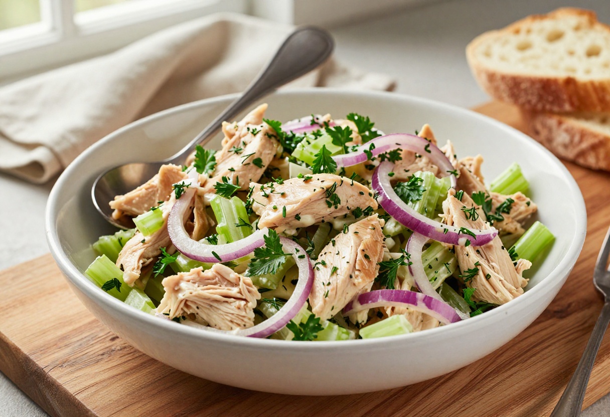 Bowl of creamy herby chicken salad with visible chicken chunks and fresh herbs on a wooden table
