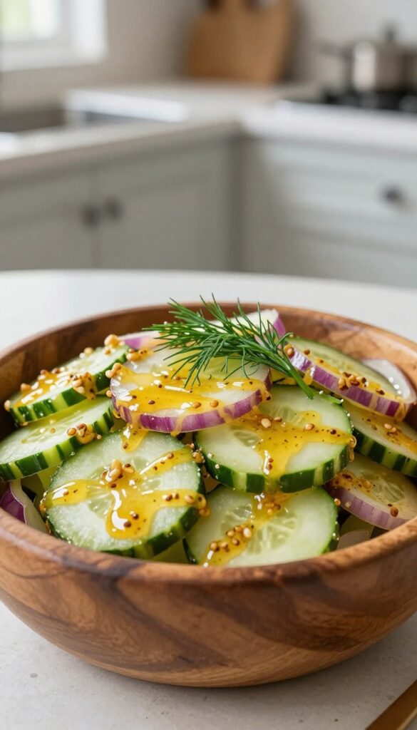 Honey-mustard dill cucumber salad in a wooden bowl with fresh dill garnish