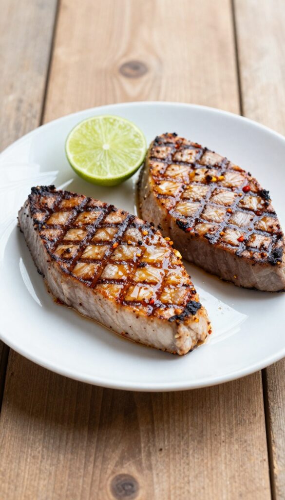 Grilled tuna steaks with chili lime marinade on a white plate, showcasing grill marks and fresh lime, in natural light for a blog recipe section.