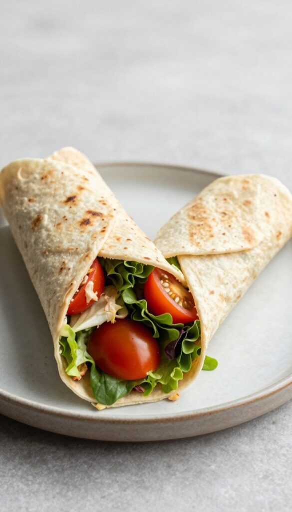 Chicken salad wrap on a plate with side salad