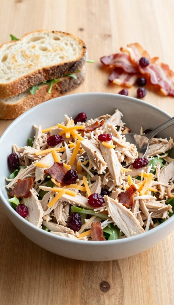 Bacon cranberry chicken salad in a bowl with toasted sourdough bread and arugula