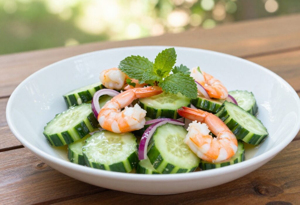 Vibrant cucumber shrimp salad in a white bowl on a wooden picnic table outdoors.