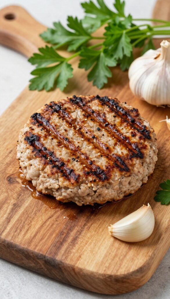 Grilled turkey burger patty with herbs on a wooden board, showcasing a juicy and appetizing meal for a healthy dinner recipe