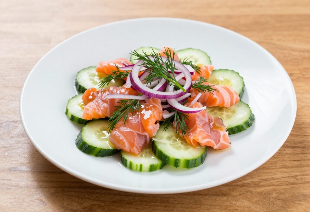 Punchy salmon cucumber salad with dill on a white plate