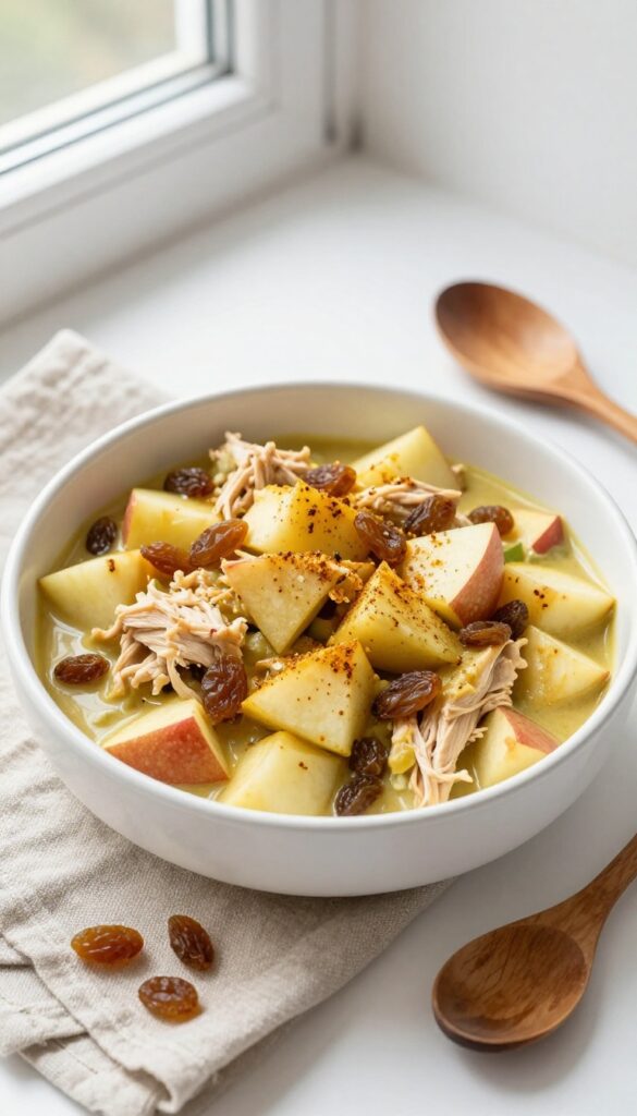 Curry apple and raisin chicken salad in a white bowl with wooden spoon