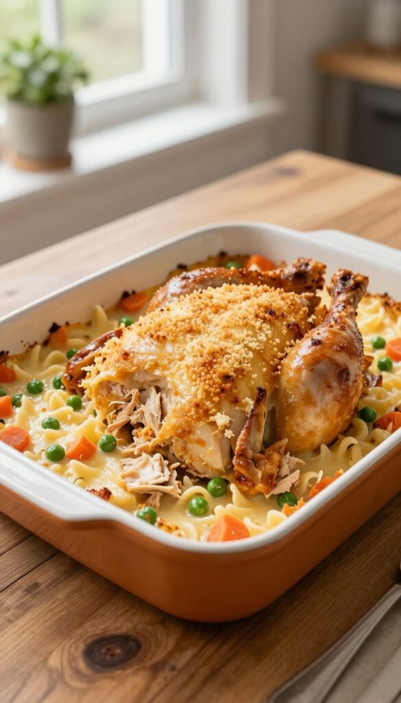 Rotisserie chicken casserole in a baking dish with crispy breadcrumb topping, showing creamy interior with chicken, pasta, and vegetables.