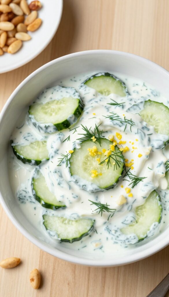 Greek yogurt cucumber dill salad in a white bowl on a wooden table