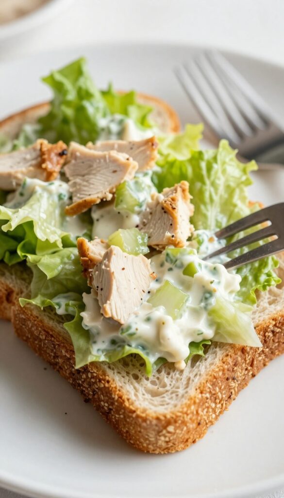 Chicken salad sandwich on whole wheat bread with lettuce