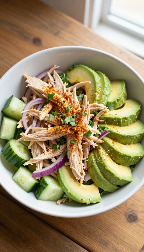 Smoked paprika chicken and cucumber salad with avocado in a bowl on a wooden table.