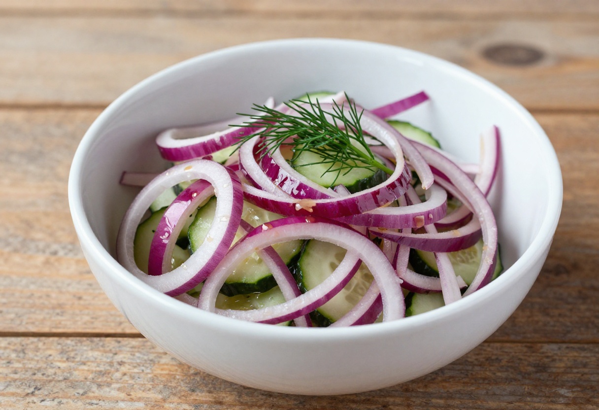 Cucumber red onion salad with dill in a white bowl on a wooden table