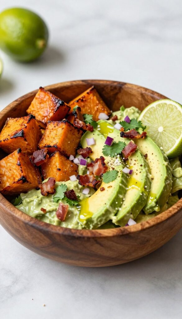 A photorealistic image of creamy avocado and bacon sweet potato salad in a wooden bowl on a marble countertop, featuring roasted sweet potatoes, diced avocado, crispy bacon, red onion, cilantro, lime juice drizzle, and olive oil sheen under bright natural light.