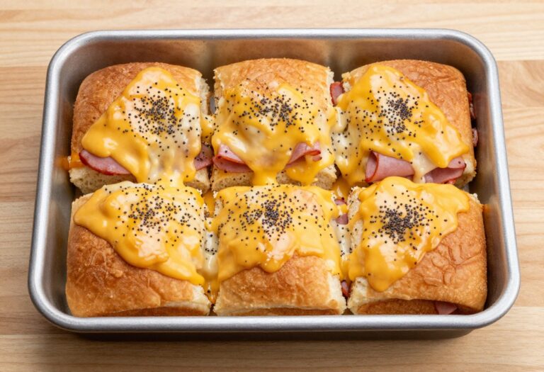 Hot ham and cheese sliders in a baking dish