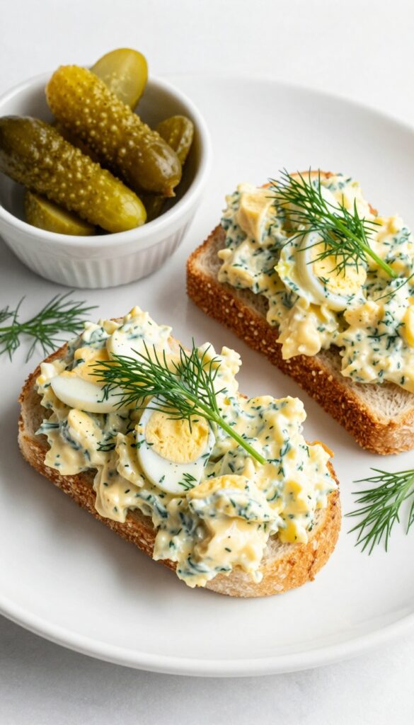 A close-up photo of a mustard dill egg salad sandwich on a white plate, with fresh dill and pickles, illustrating a simple and bright lunch recipe.
