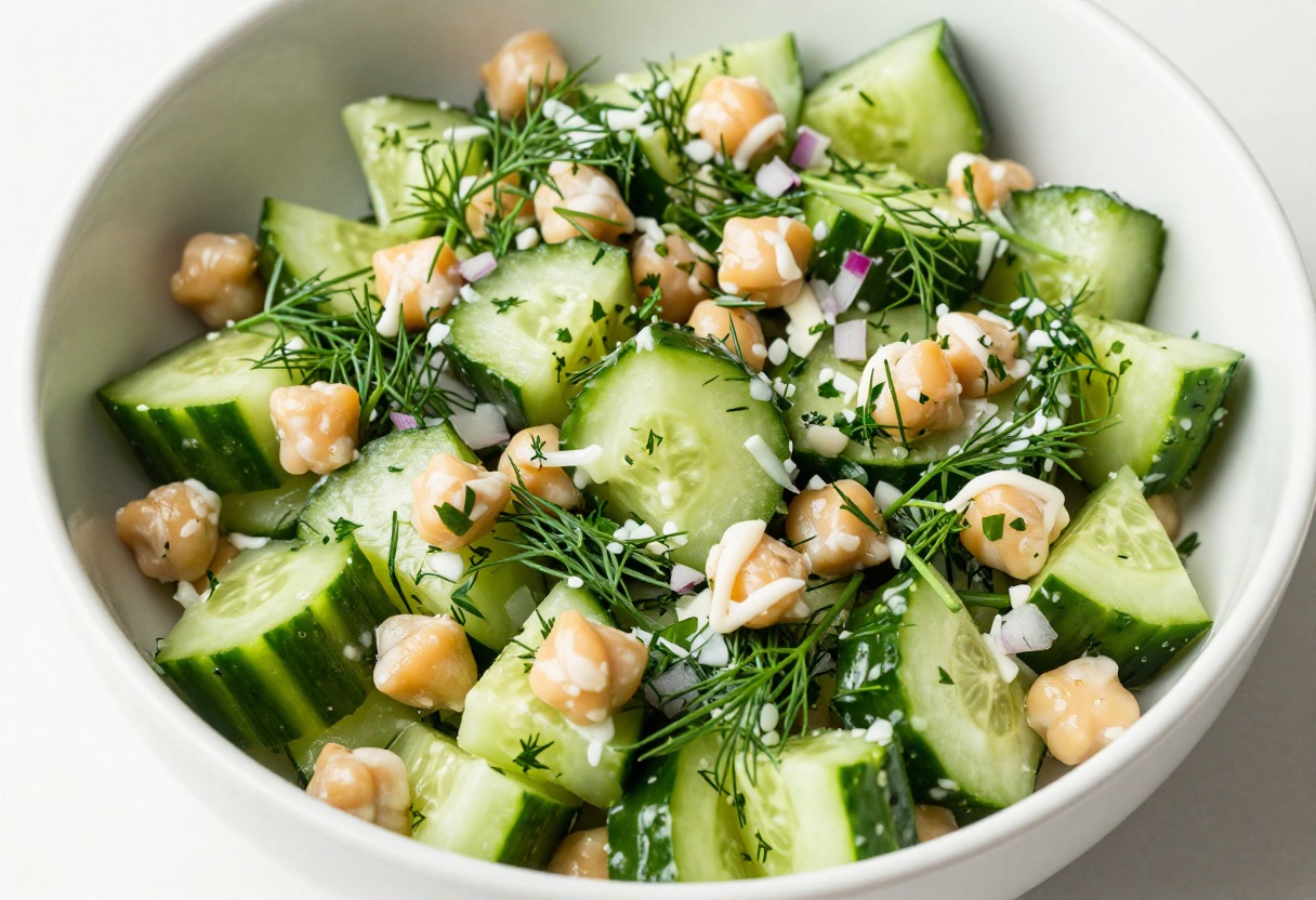Fresh cucumber chickpea salad with herbs in a white bowl