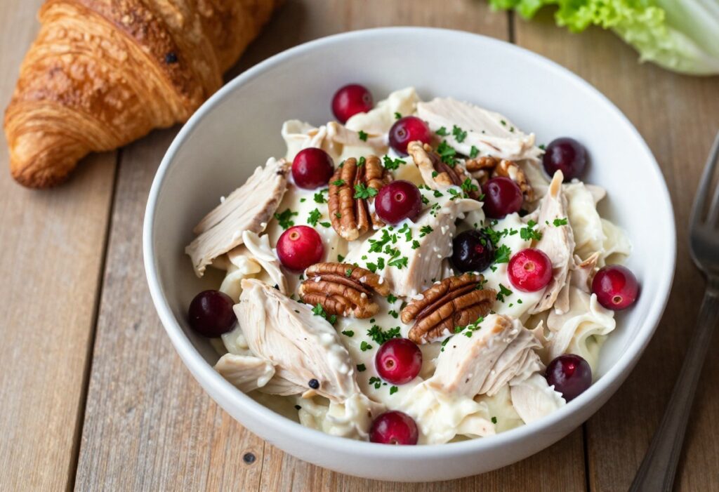 Bowl of chicken salad with cranberries and pecans on a wooden table with croissant and lettuce cup