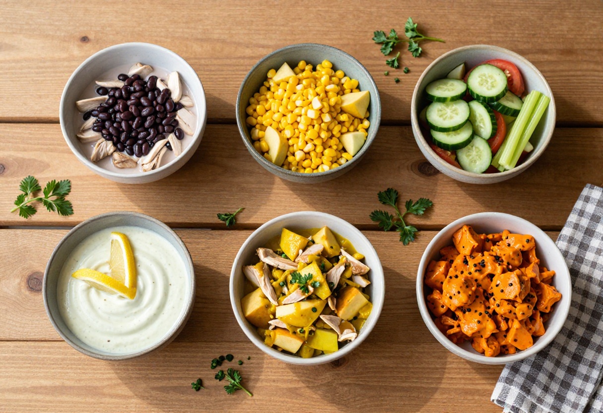 Five bowls of chicken salad on a picnic table, each with different ingredients and colors.