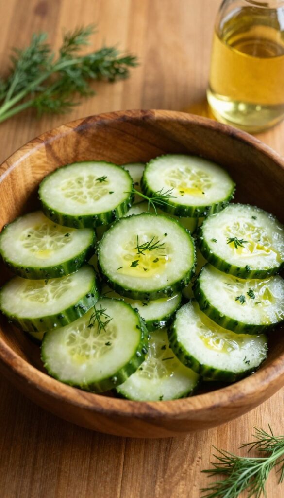 A bowl of herbed cucumber salad with apple cider vinegar dressing on a rustic wooden table in warm natural light.