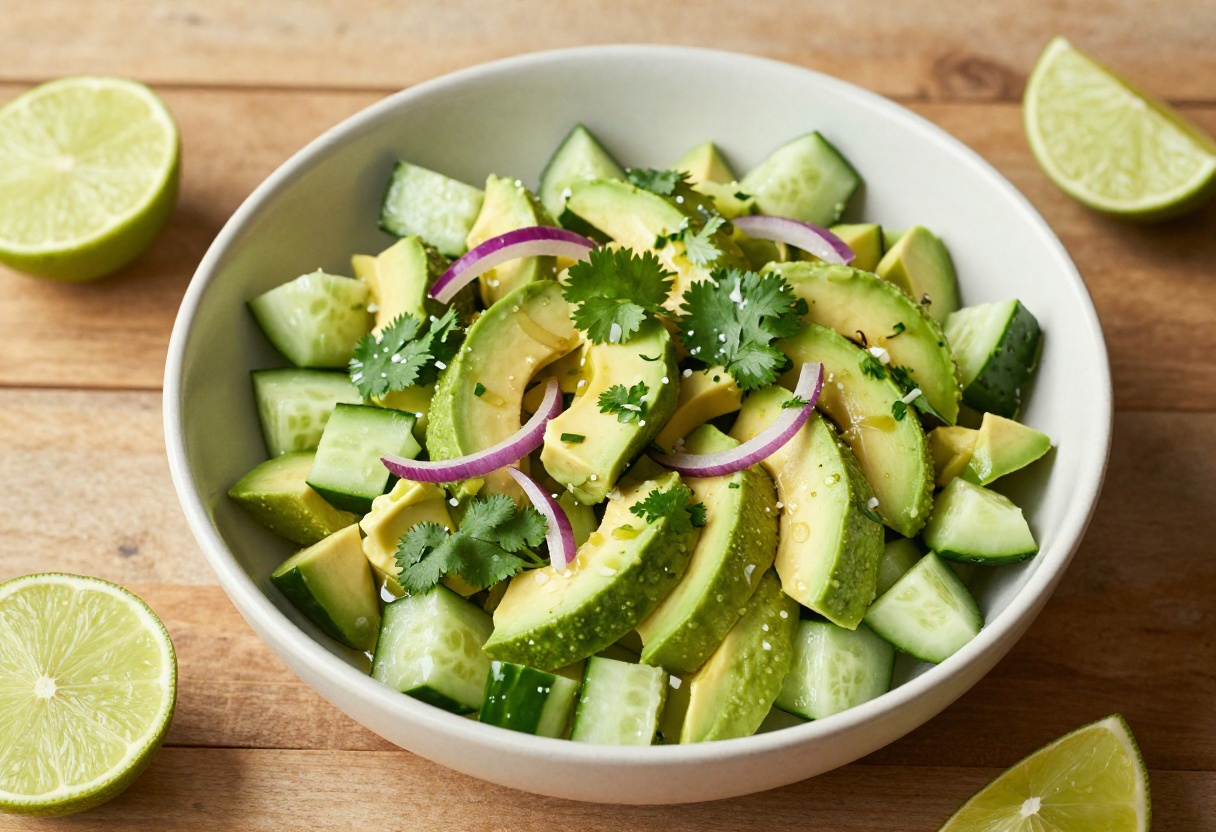 Cool cucumber avocado salad in a bowl with lime wedges
