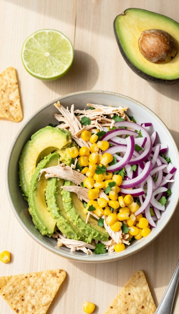 Avocado chicken salad with corn and lime in a bowl with tortilla chips
