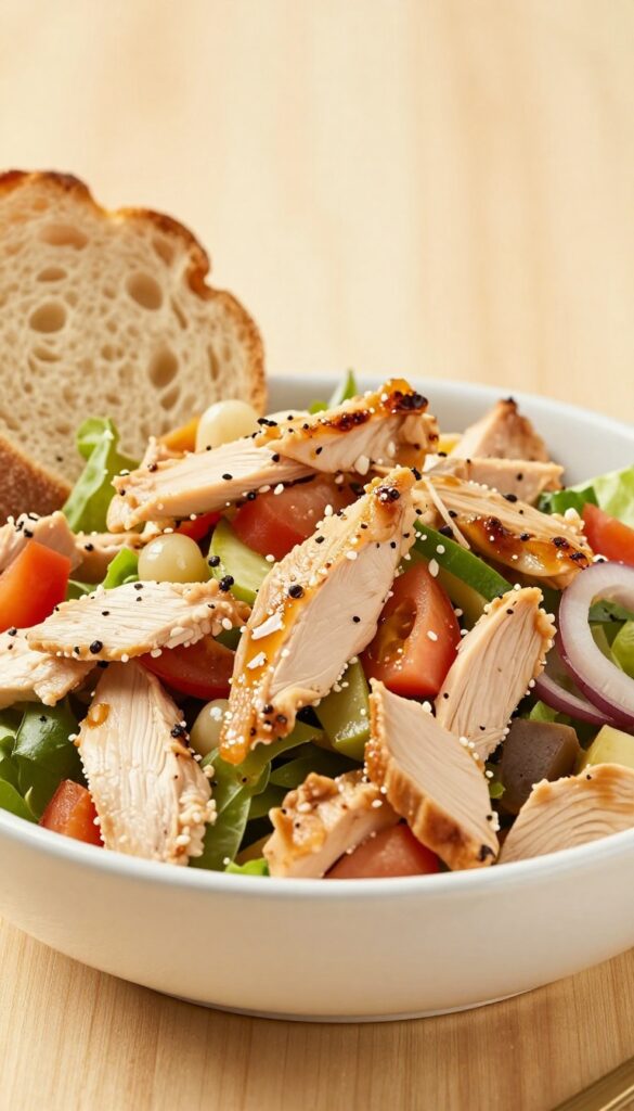 Waldorf chicken salad served with crusty bread.