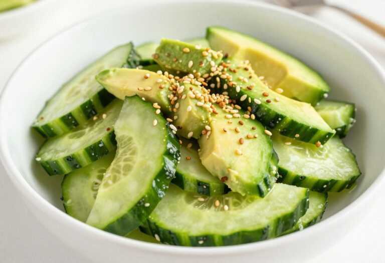 Fresh sushi cucumber salad with avocado in a white bowl, topped with sesame seeds