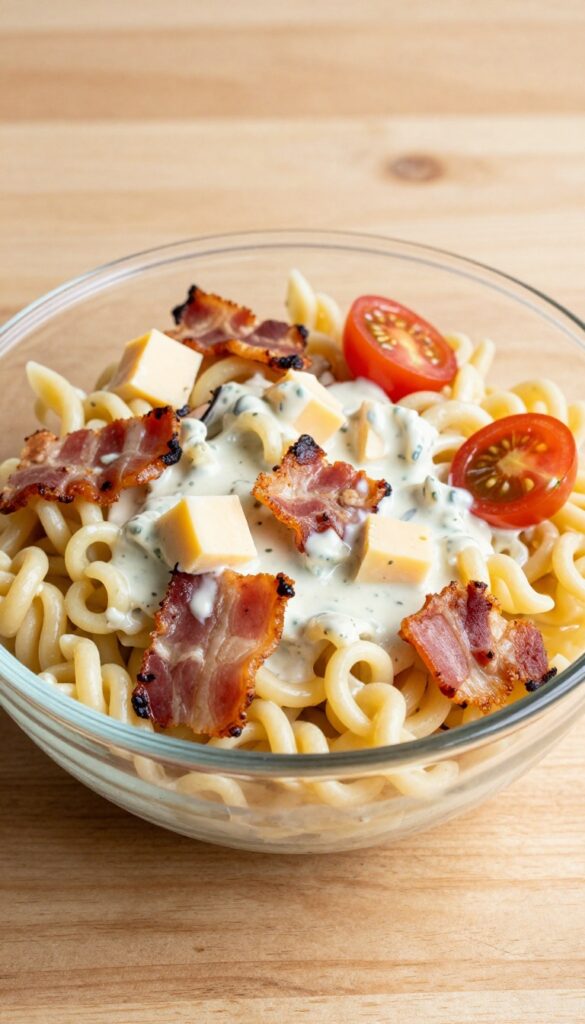 A bowl of bacon ranch Italian pasta salad with pasta, bacon, tomatoes, and cheese in a creamy dressing, arranged neatly on a wooden table.