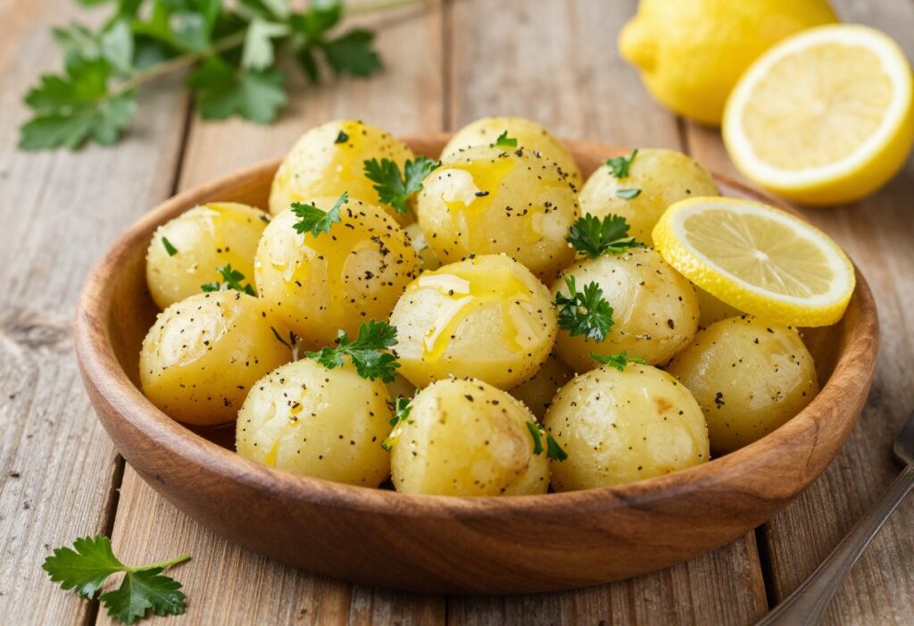 Greek potato salad in a bowl with fresh herbs and lemon garnish