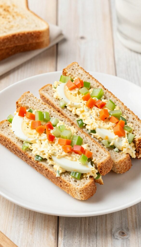 A close-up view of a crunchy veggie egg salad sandwich, showing creamy egg salad with colorful diced vegetables like carrots, bell peppers, and celery, served on whole grain bread in natural light.