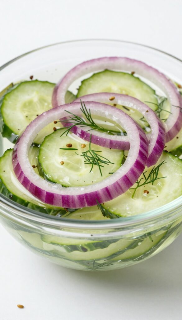Quick pickled cucumber dill salad in a glass bowl with fresh dill