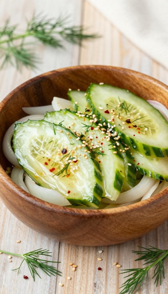 Spicy Thai-style cucumber salad with dill in a wooden bowl.