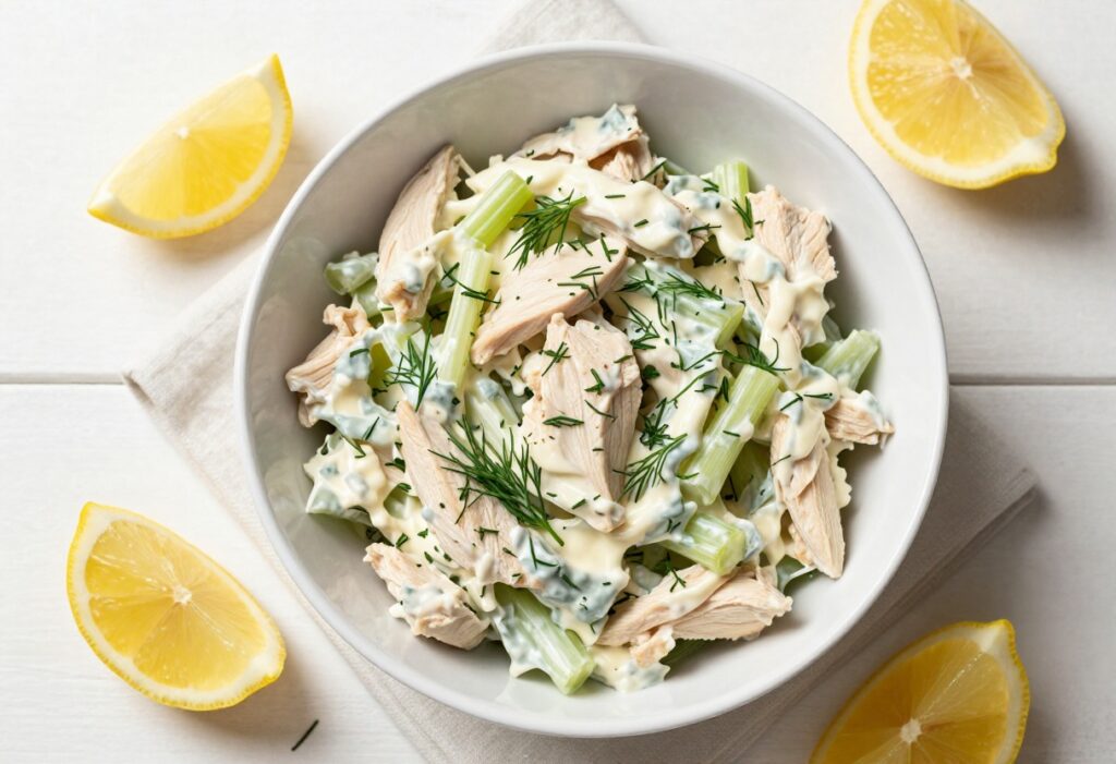 Bowl of creamy chicken salad with fresh herbs and lemon wedges on a wooden table