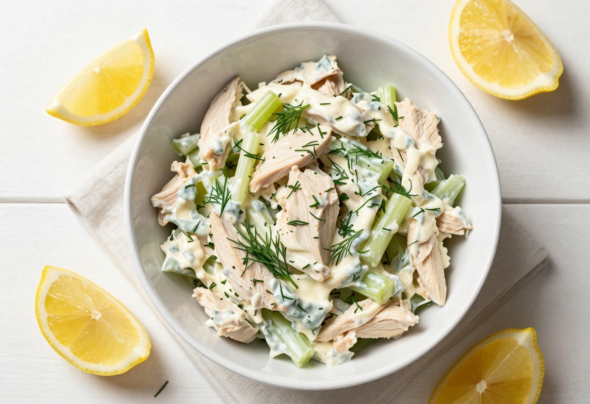 Bowl of creamy chicken salad with fresh herbs and lemon wedges on a wooden table