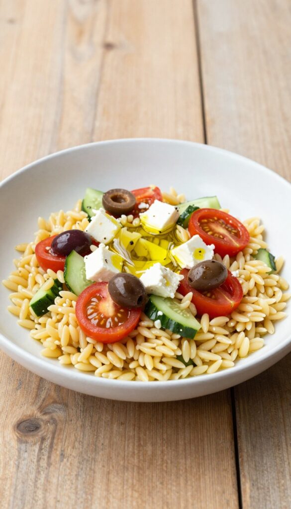 A close-up view of a Mediterranean orzo pasta salad with orzo, cucumber, cherry tomatoes, olives, and feta cheese in a bowl, showcasing a light and refined texture suitable for summer meals.